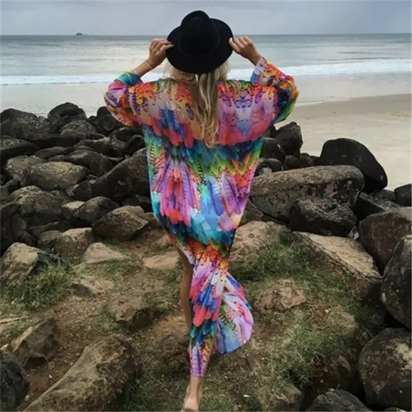 Other - Bohemian Rainbow Feathers Kimono Beach Coverup